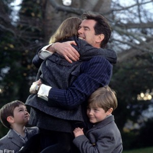 Desmond Doyle (PIERCE BROSNAN) gets to see his daughter, Evelyn (SOPHIE VAVASSEUR), and sons Dermot and Maurice (NIALL BEAGAN and HUGH McDONAGH, left and right) in United Artists' family drama EVELYN. photo 10