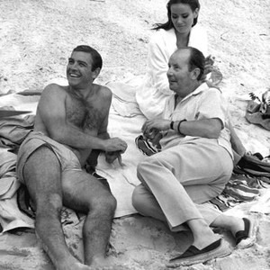 THUNDERBALL, Sean Connery, Claudine Auger, director Terence Young, on set, 1965