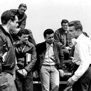 REBEL WITHOUT A CAUSE, first, third, fourth, sixth, eighth and ninth  from left: Nick Adams, Corey Allen, Dennis Hopper, Frank Mazzola, James Dean, Beverly Long, 1955
