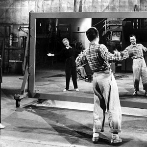 JOLSON SINGS AGAIN, Audrene Brier (Columbia Dance Director), Larry Parks, production photo of a rehearsal for the film, 1949