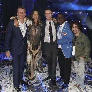American Idol, from left: Kevin Reilly, Steven Tyler, Peter Rice, Randy Jackson, Mike Darnell, 06/11/2002, ©FOX
