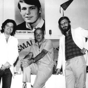 SUPERMAN III, director Richard Lester with producer Pierre Spengler and executive producer Ilya Salkind, 1983