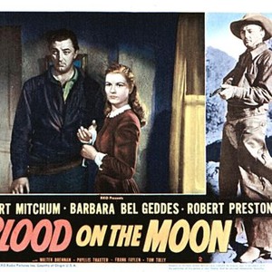 BLOOD ON THE MOON, Robert Mitchum, Barbara Bel Geddes, 1948, lobbycard