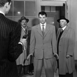 THE RACKET, Robert Ryan (back), William Conrad, Robert Mitchum, Ray Collins, 1951