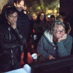 ANNABELLE, from left: producer James Wan, producer Peter Safran, director John R. Leonetti, on set, 2014. ph: Greg Smith/©Warner Bros. Pictures