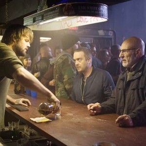 GREEN ROOM, Macon Blair (center), Patrick Stewart (right), 2015. ph: Scott Green/© A24