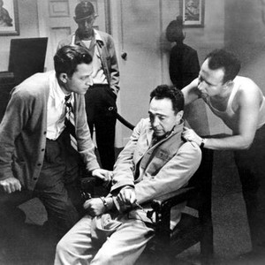 BRUTE FORCE, Jules Dassin, Sam Levine (seated) and Hume Cronyn (right) rehearsing the scene, 1947