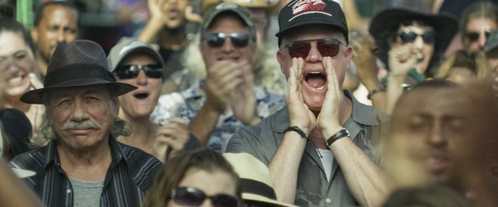 Abel (Edward James Olmos, left, middle ground with hat) and Dean (Eric Dane, yelling), in "One Fast Move." (Amazon Prime Video)