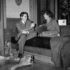 THE ADVENTURES OF MARTIN EDEN, Glenn Ford, left, meets with Charmain London (widow of source author Jack London) at her home, 1942