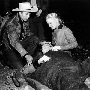 CANYON RIVER, from left: George Montgomery, Peter Graves, Marcia Henderson, 1956