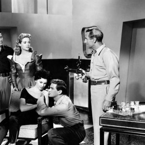 WORLD WITHOUT END, Hugh Marlowe (l.), Nancy Gates (3rd from r.), Lisa Montell, Rod Taylor, Nelson Leigh, 1956