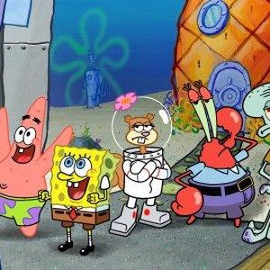 Plankton, Patrick Star, SpongeBob SquarePants, Sandy Cheeks, Mr. Eugene H. Krabs and Squidward Tentacles (from left)