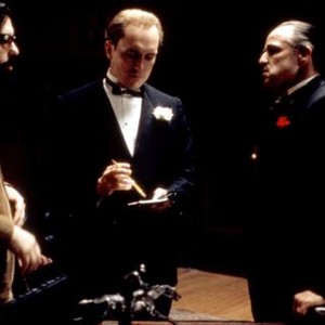 THE GODFATHER, director Francis Ford Coppola, Robert Duvall, Marlon Brando on set, 1972