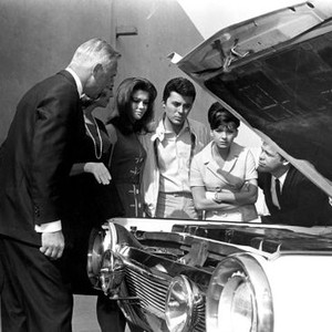 THE LIVELY SET, George Huebner, designer of the Chrysler Turbine engine, Marilyn Maxwell, Pamela Tiffin, James Darren, Joanie Sommers, Doug McLure, 1964