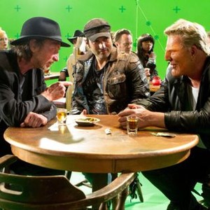 SIN CITY: A DAME TO KILL FOR, from left: directors Frank Miller, Robert Rodriguez, Mickey Rourke, on set, 2014. ©Dimension Films