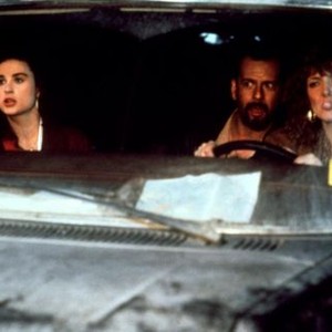MORTAL THOUGHTS, Demi Moore, Bruce Willis, Glenne Headly, in car, 1991