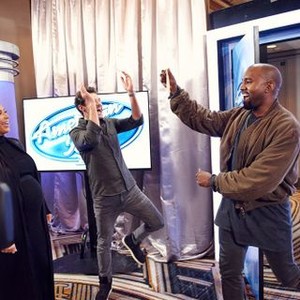 American Idol, Kanye West (L), Ryan Seacrest (C), Kim Kardashian (R), Season 15, 1/6/2016, ©FOX