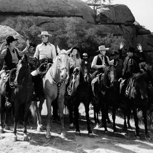 OUTLAWS OF BOULDER PASS, front from left: Karl Hackett, George Houston, Marjorie Manners, Ted Adams, I Stanford Jolley, 1942