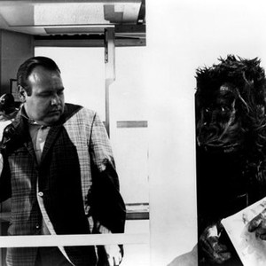 THE LOVED ONE, Jonathan Winters, & a man in a gorilla costume, 1965.
