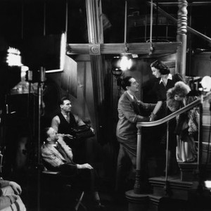 THE DOCTOR TAKES A WIFE, cinematographer Sidney Hickox, (far left), director Alexander Hall, (seated, center), Reginald Gardiner, Loretta Young, on-set, 1940