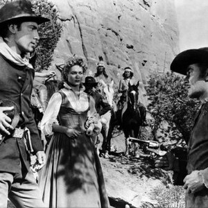 ROCKY MOUNTAIN, foreground from left: Scott Forbes, Patrice Wymore, Errol Flynn, 1950