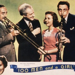ONE HUNDRED MEN AND A GIRL, Adolphe Menjou, Leopold Stokowski, Deanna Durbin, Mischa Auer, 1937