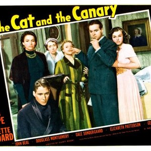 THE CAT AND THE CANARY, front to back: Douglass Montgomery, Gale Sondergaard, Elizabeth Patterson, Nydia Westman, Bob Hope, Paulette Goddard, lobbycard,