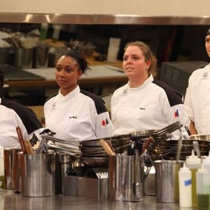Hell's Kitchen (Fox), from left: Cyndi Stanimirov, Ja'Nel Witt, Mary Poehnelt, Jon Scallion, '4 Chefs Compete', Season 11, Ep. #19, 07/18/2013, ©FOX