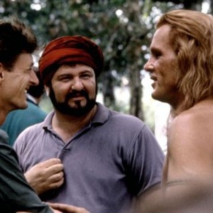 FAREWELL TO THE KING, Nigel Havers, director John Milius, Nick Nolte on set, 1989, (c)Orion Pictures