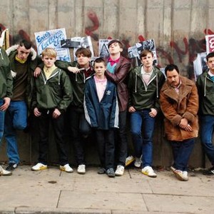 AWAYDAYS, Sean Ward (left), Michael Ryan (second from left), Lee Battle (third from left), Oliver Lee (fourth from left), Liam Boyle (leather jacket), Nicky Bell (third from right), Stephen Graham (second from right),   2008. ©Optimum Releasing/cm