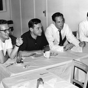 THE FUGITIVE KIND, director Sidney Lumet (left), producers Martin Jurow and Richard Shepherd (center), production manager George Justin (extreme right), meet the press at Gold Medal Studios, Bronx, New York, 1960