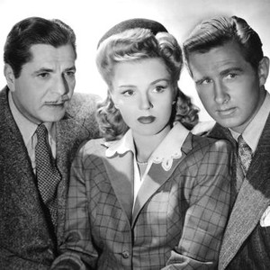 CRIME DOCTOR'S STRANGEST CASE, from left, Warner Baxter, Lynn Merrick, Lloyd Bridges, 1943