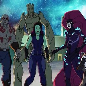 Marvel's Guardians of the Galaxy, from left: David Sobolov, Kevin Michael Richardson, Vanessa Marshall, Trevor Devall, 'Crystal Blue Persuasion', Season 1, Ep. #11, ©DISNEYXD