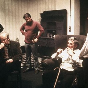 THE HOMECOMING, 1973, Cyril Cusack, director Peter Hall, Paul Rogers, Michael Jayston & Ian Holm rehearsing a scene involving cigar smoking. Film version of Harold Pinter's play with the same cast re-creating their original 1965 stage production.