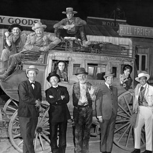 STAGECOACH, (front), Bing Crosby, Red Buttons, Keenan Wynn, Robert Cummings, Mike Connors, (in coach), Ann-Margret, Stefanie Powers, (top), Slim Pickens, Van Heflin, Alex Cord, 1966, TM and Copyright © 20th Century Fox Film Corp. All rights reserved..
