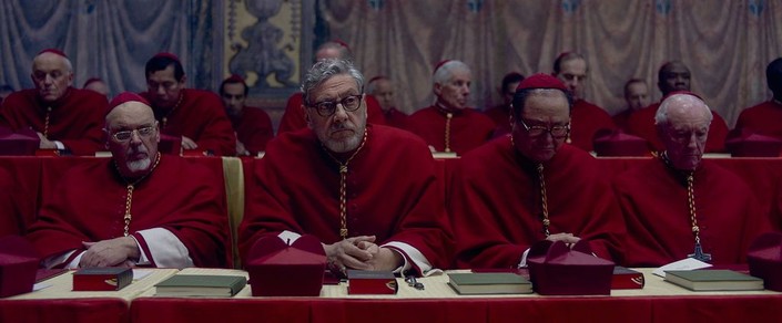 Cardinal Tedesco (Sergio Castellitto, second from left) is a fiery traditionalist, in "Conclave." (Focus Features)