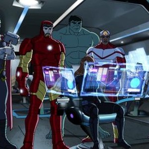 Marvel's Avengers Assemble, from left: Travis Willingham, Adrian Pasdar, Fred Tatasciore, Bumper Robinson, Roger Craig Smith, 'Under Siege', Season 3: Ultron Revolution, Ep. #5, ©DISNEYXD