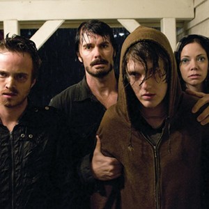 (L-R) Aaron Paul as Francis, Garret Dillahunt as Krug, Spencer Treat Clark as Justin and Riki Lindhome as Sadie in "The Last House on the Left."
