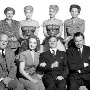 ANDY HARDY'S BLONDE TROUBLE, (standing) Fay Holden, Lee Wilde, Lyn Wilde, Sara Haden, (seated) Lewis Stone, Bonita Granville, Mickey Rooney, Herbert Marshall, 1944