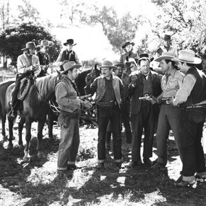 THE MAN FROM MONTANA, Nell O'Day (left on horse), Fuzzy Knight (l. standing), Johnny Mack Brown (second from r.), 1941