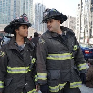 Chicago Fire, Monica Raymund (L), Joe Minoso (R), 'Category 5', Season 3, Ep. #22, 05/05/2015, ©NBC