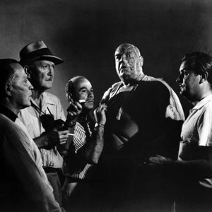NIGHT OF THE GHOULS, William C. Thompson (cinematographer, left w/light meter), Tor Johnson (in make-up) and Director Edward D. Wood Jr. (right) on set, 1959