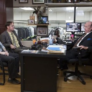 The Office, Clark Duke (L), Rainn Wilson (C), Ed Lauter (R), 'Suit Warehouse', Season 9, Ep. #11, 01/17/2013, ©NBC