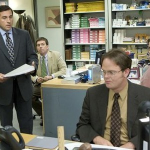 The Office, from left: Steve Carell, Ed Helms, Rainn Wilson, Phyllis Smith, 'Customer Survey', Season 5, Ep. #7, 11/06/2008, ©NBC