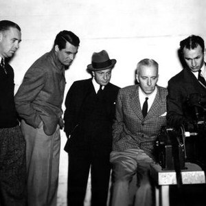 HIS GIRL FRIDAY, assistant director Cliff Broughton, Ernest Truex, Cary Grant, director Howard Hawks on set, 1940