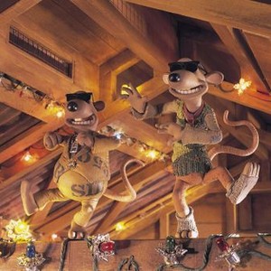 CHICKEN RUN, 2000 Nick (Timothy Spall) and Fetcher (Phil Daniels), dancing in the rafters.