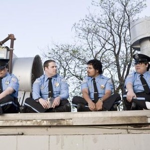 OBSERVE AND REPORT, from left: Matt Yuen, Seth Rogen, Michael Pena, John Yuen, 2009. ©Warner Bros.