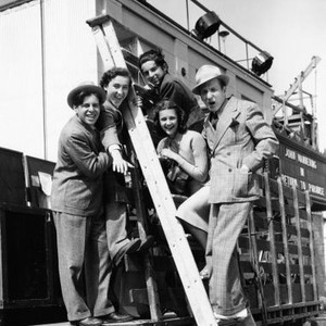 LITTLE TOUGH GUY, from left, Bernard Punsly, Hal E. Chester, Gabriel Dell, Peggy Stewart, Huntz Hall, on the Universal back lot during shooting, 1938