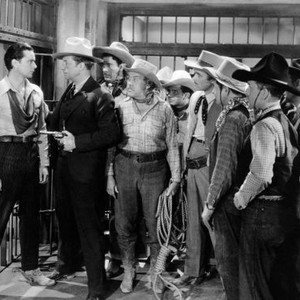 THE MYSTERIOUS RIDER, first, second, third and fourth from left: Russell Hayden, Monte Blue, Glenn Strange, Sidney Toler, 1938
