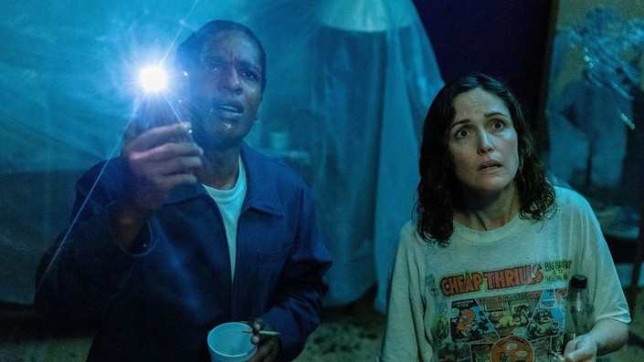 Motel superintendent James (A$AP Rocky) and single mom Linda (Rose Byrne) examine the destroyed ceiling in her house, in "If I Had Legs I'd Kick You." (A24)